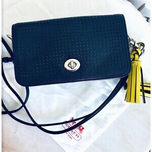 COACH Legacy Penny Perforated Leather Crossbody Bag Navy Blue Citrine